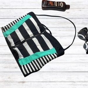Striped Black and White Bikini Top with Teal Accents